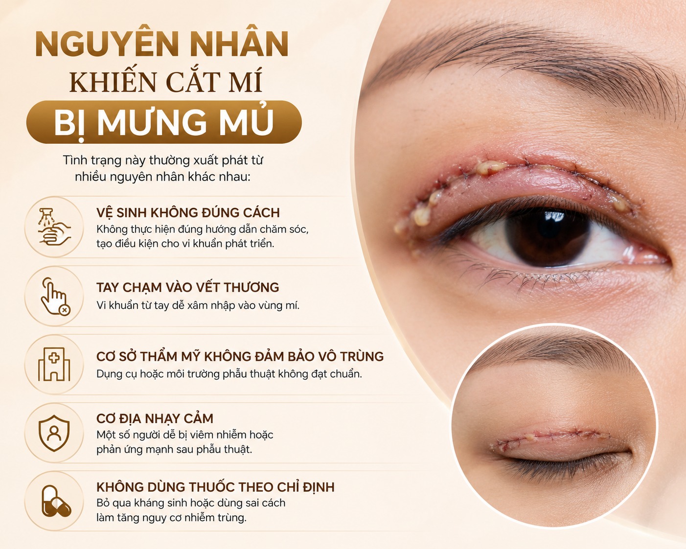 Cắt mí bị mưng mủ nguyên nhân do đâu? Cách xử lý an toàn Nguyên nhân khiến cắt mí bị mưng mủ
