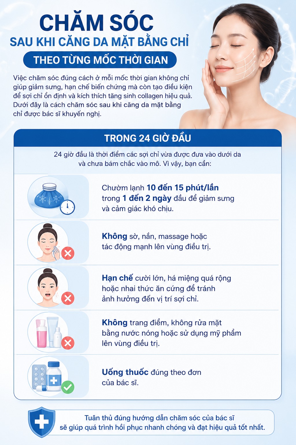 Cách chăm sóc sau khi căng da mặt bằng chỉ giúp duy trì hiệu quả lâu dài chăm sóc sau khi căng da mặt bằng chỉ
