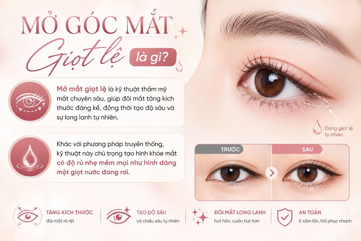 Mở góc mắt giọt lệ là gì? Kỹ thuật tạo đôi mắt to tròn, long lanh Mắt giọt lệ là gì?