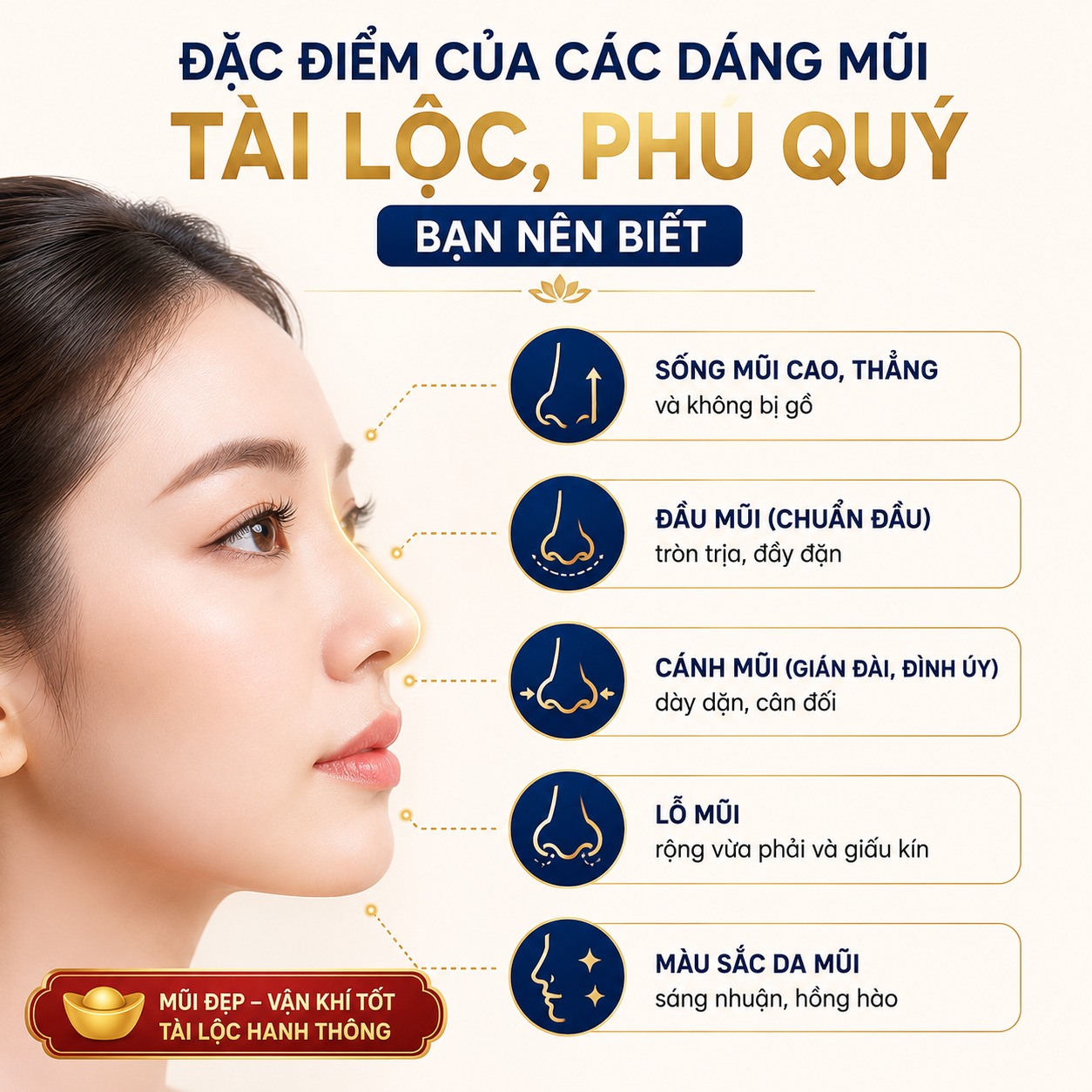 Nâng mũi tài lộc có tốt thật không? Top dáng mũi phú quý phát tài Đặc điểm của các dáng mũi tài lộc