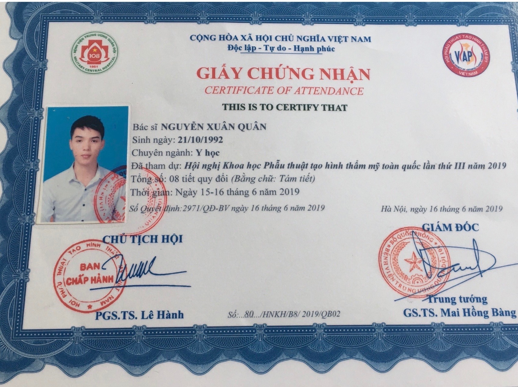 Giấy chứng nhận Bác sĩ Nguyễn Xuân Quân