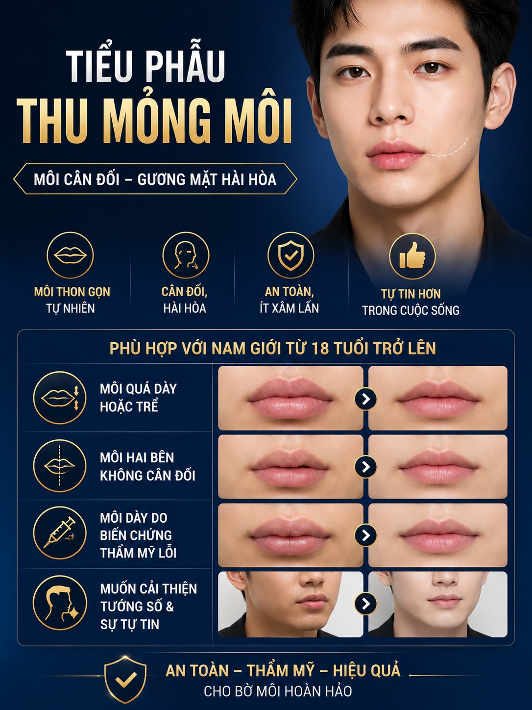 Phẫu thuật môi dày thành mỏng cho kiến tạo bờ môi cuốn hút, chuẩn men phẫu thuật môi dày thành mỏng cho nam
