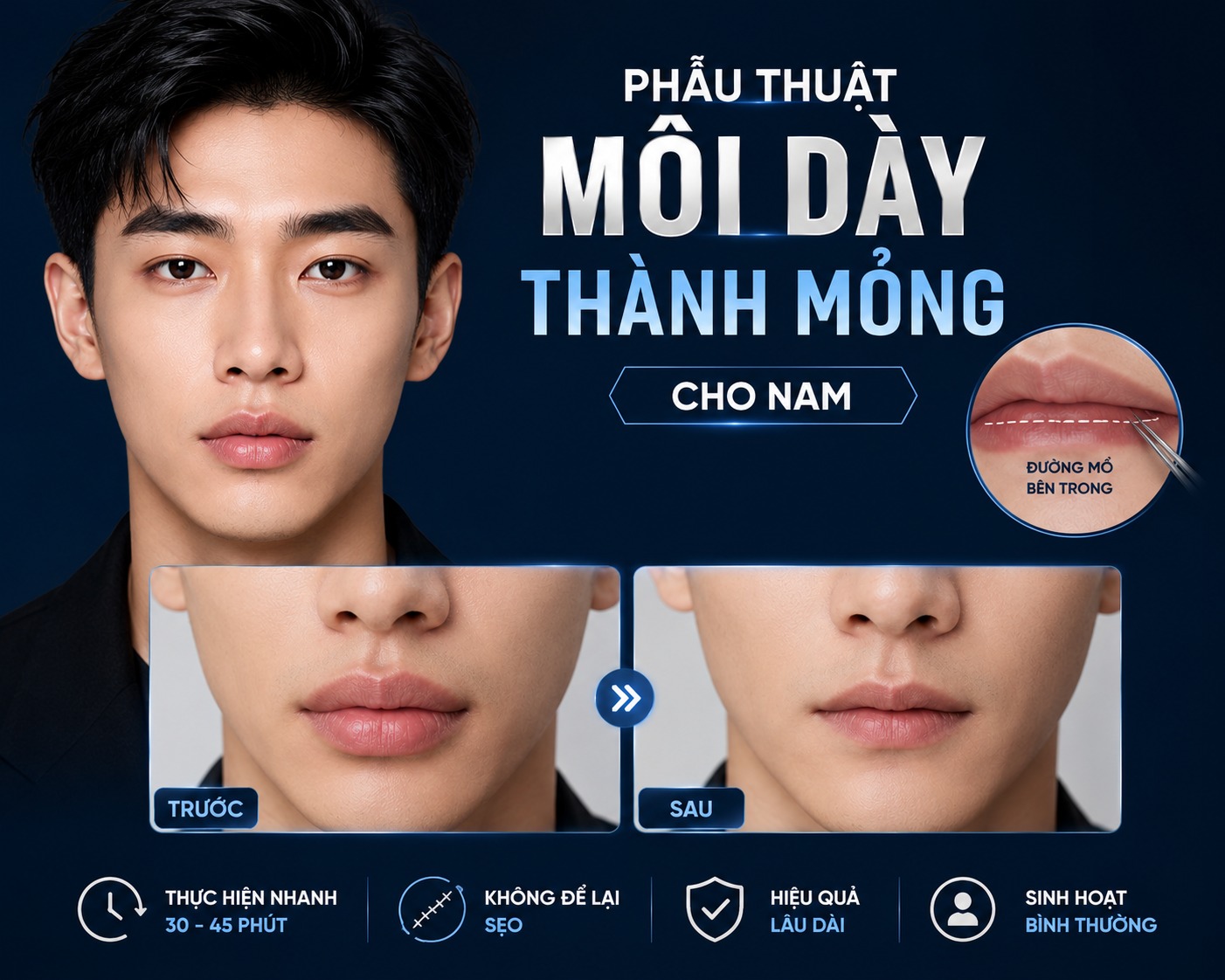 Phẫu thuật môi dày thành mỏng cho kiến tạo bờ môi cuốn hút, chuẩn men Ưu điểm phẫu thuật môi dày thành mỏng cho nam