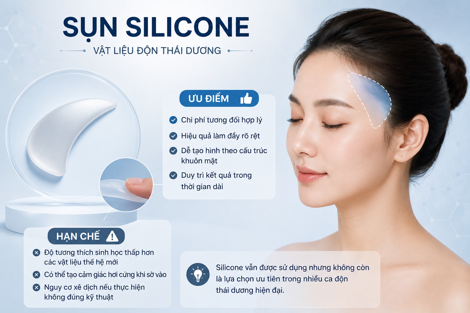 Các loại sụn độn thái dương phổ biến được sử dụng hiện nay Sụn silicone trong độn thái dương
