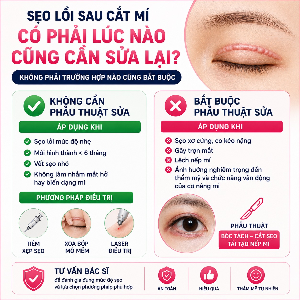 Cắt mí bị sẹo lồi có sửa được không? Nguyên nhân và hướng xử lý Sẹo lồi sau cắt mí có phải lúc nào cũng cần sửa lại không?