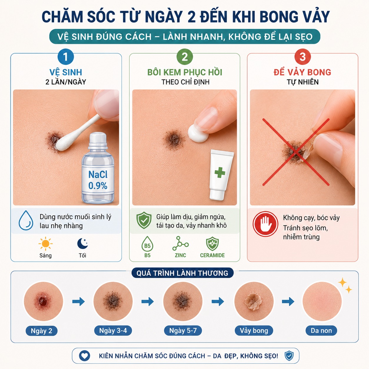 Hướng dẫn chăm sóc da sau khi tẩy nốt ruồi nhanh lành không sẹo Chăm sóc nốt ruồi sau khi tẩy giai đoạn từ ngày thứ 2 đến khi bong vảy