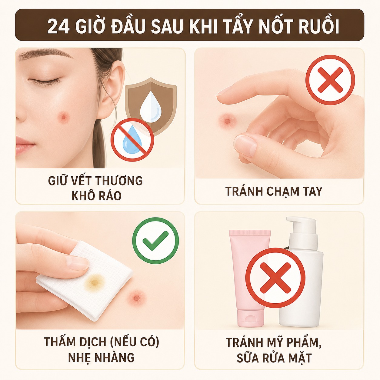 Hướng dẫn chăm sóc da sau khi tẩy nốt ruồi nhanh lành không sẹo Chăm sóc da sau tẩy nốt ruồi giai đoạn 24 giờ đầu: Giữ khô và bảo vệ vết thương
