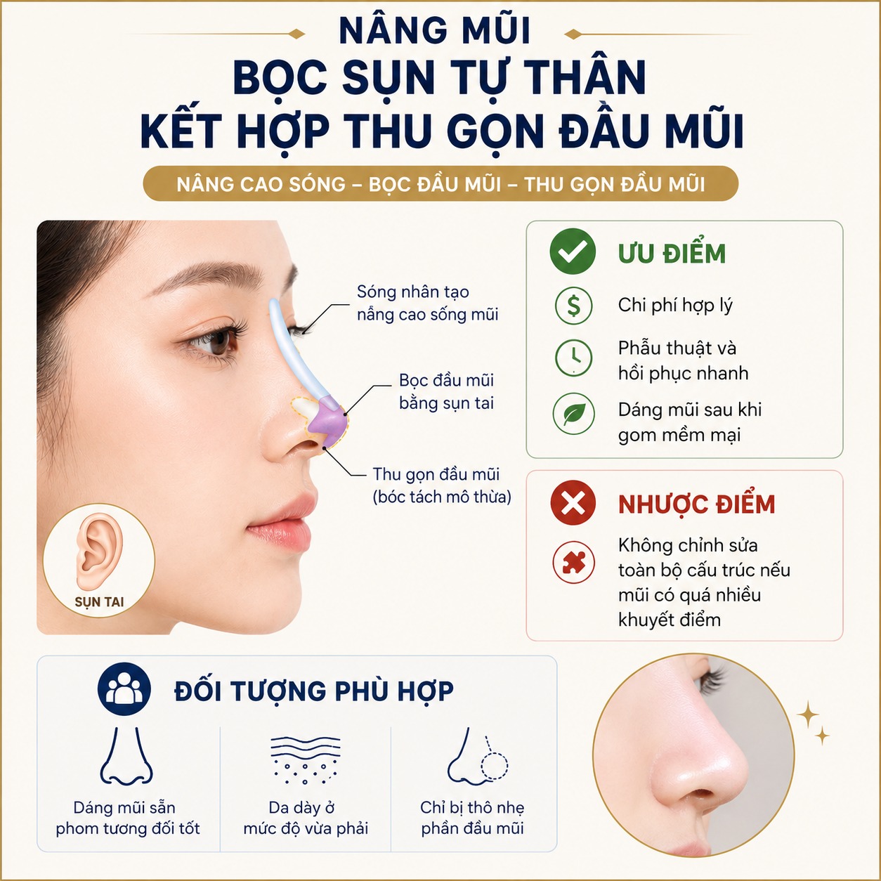 Da mũi dày có sửa mũi tự nhiên được không? Những điều cần biết trước khi nâng Nâng mũi bọc sụn tự thân kết hợp thu gọn đầu mũi