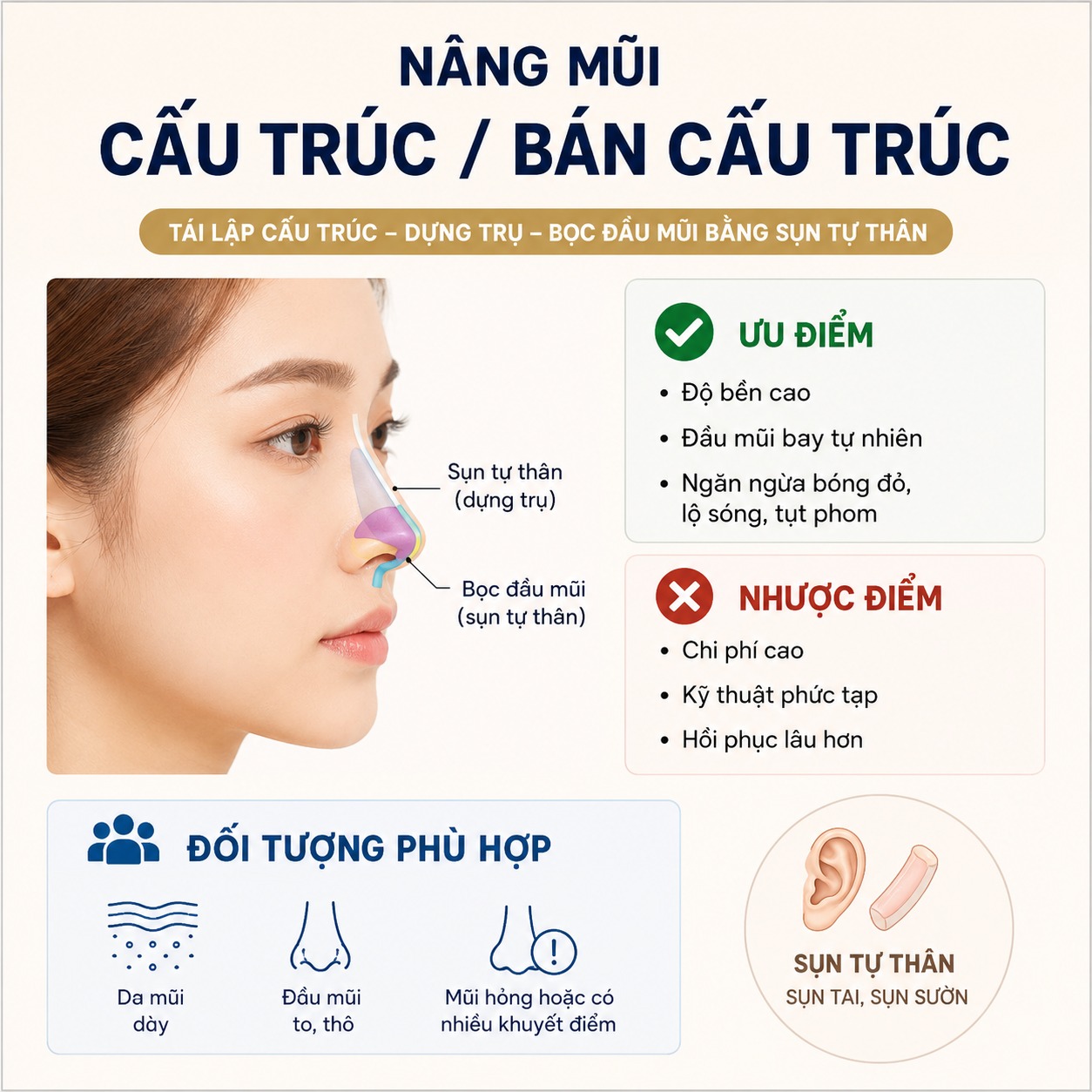 Da mũi dày có sửa mũi tự nhiên được không? Những điều cần biết trước khi nâng Nâng mũi cấu trúc / Bán cấu trúc