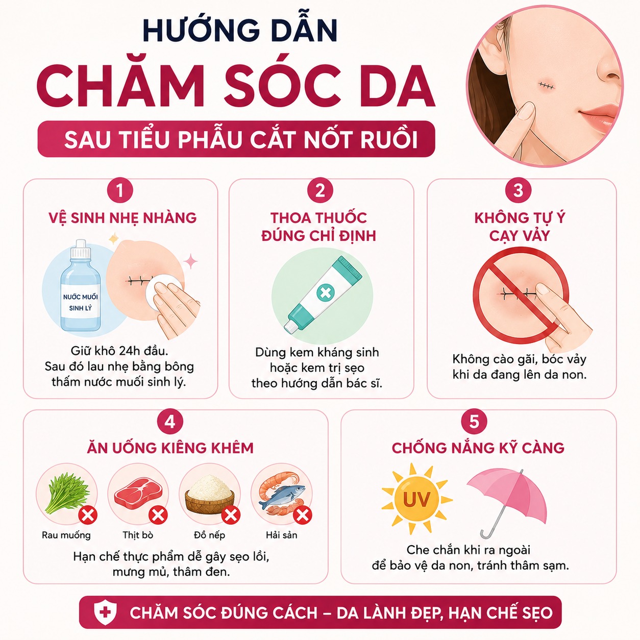 Hướng dẫn chăm sóc da sau khi tiểu phẫu cắt nốt ruồi