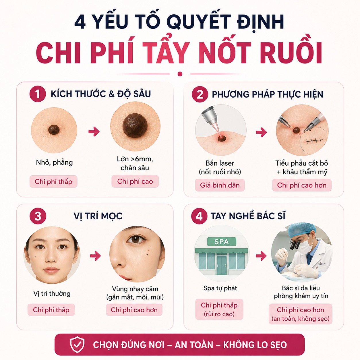 Chi phí tẩy nốt ruồi bao nhiêu tiền? Bảng giá mới nhất hiện nay 4 yếu tố quyết định tẩy nốt ruồi hết bao nhiêu tiền