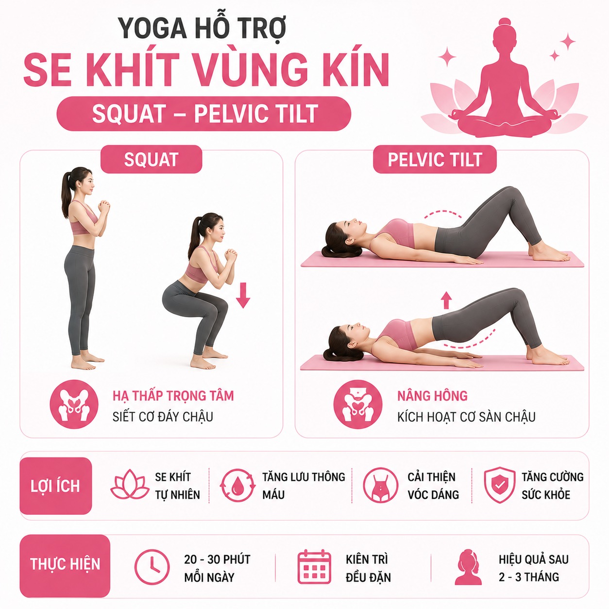 Có bài tập thu nhỏ âm đạo tại nhà không? Giải pháp se khít an toàn, nhanh chóng Tập bài tập Yoga (Squat, Pelvic Tilt) - bài tập giúp thu nhỏ vùng kín sau sinh
