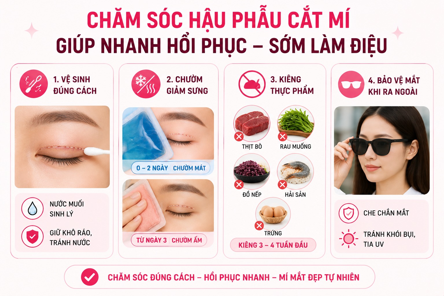 Cắt mí bao lâu trang điểm được? Lưu ý quan trọng để không bị sẹo Chế độ chăm sóc hậu phẫu giúp mí mắt nhanh lành để sớm được makeup
