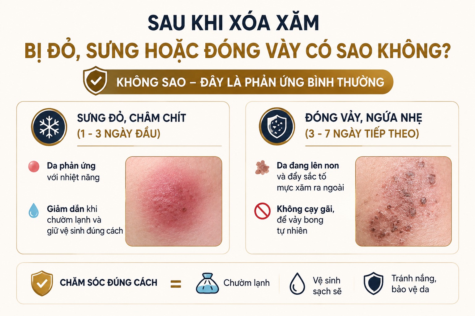 Hướng dẫn chăm sóc da sau khi xóa xăm tránh để lại sẹo Sau khi xóa xăm bị đỏ, sưng hoặc đóng vảy có sao không?