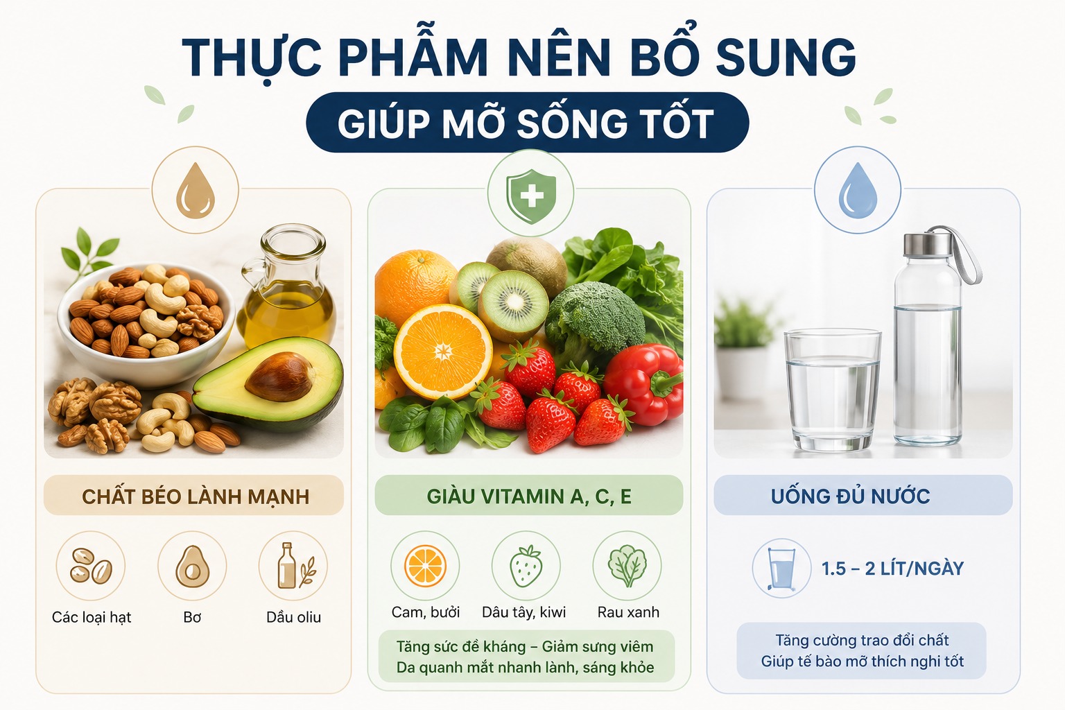 Chăm sóc sau cấy mỡ hốc mắt như nào để nhanh đẹp, không sưng bầm Các thực phẩm nên bổ sung giúp mỡ sống tốt