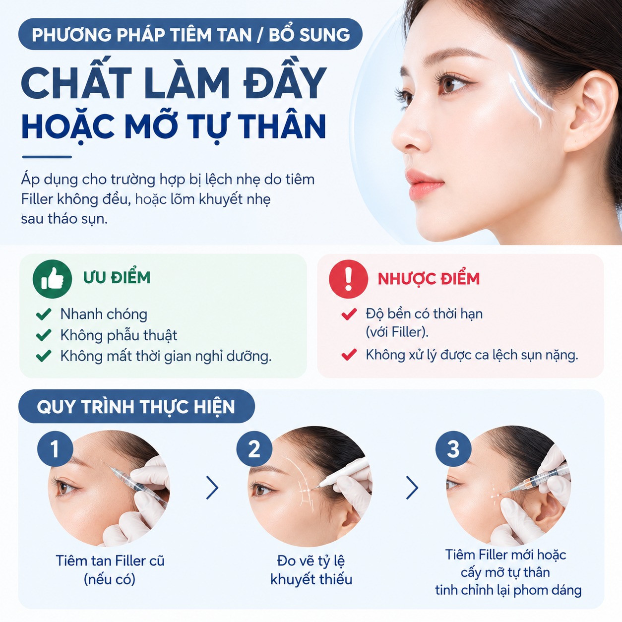 Độn thái dương bị lệch phải làm sao? Hướng dẫn cách xử lý triệt để Phương pháp tiêm tan / bổ sung chất làm đầy hoặc mỡ tự thân