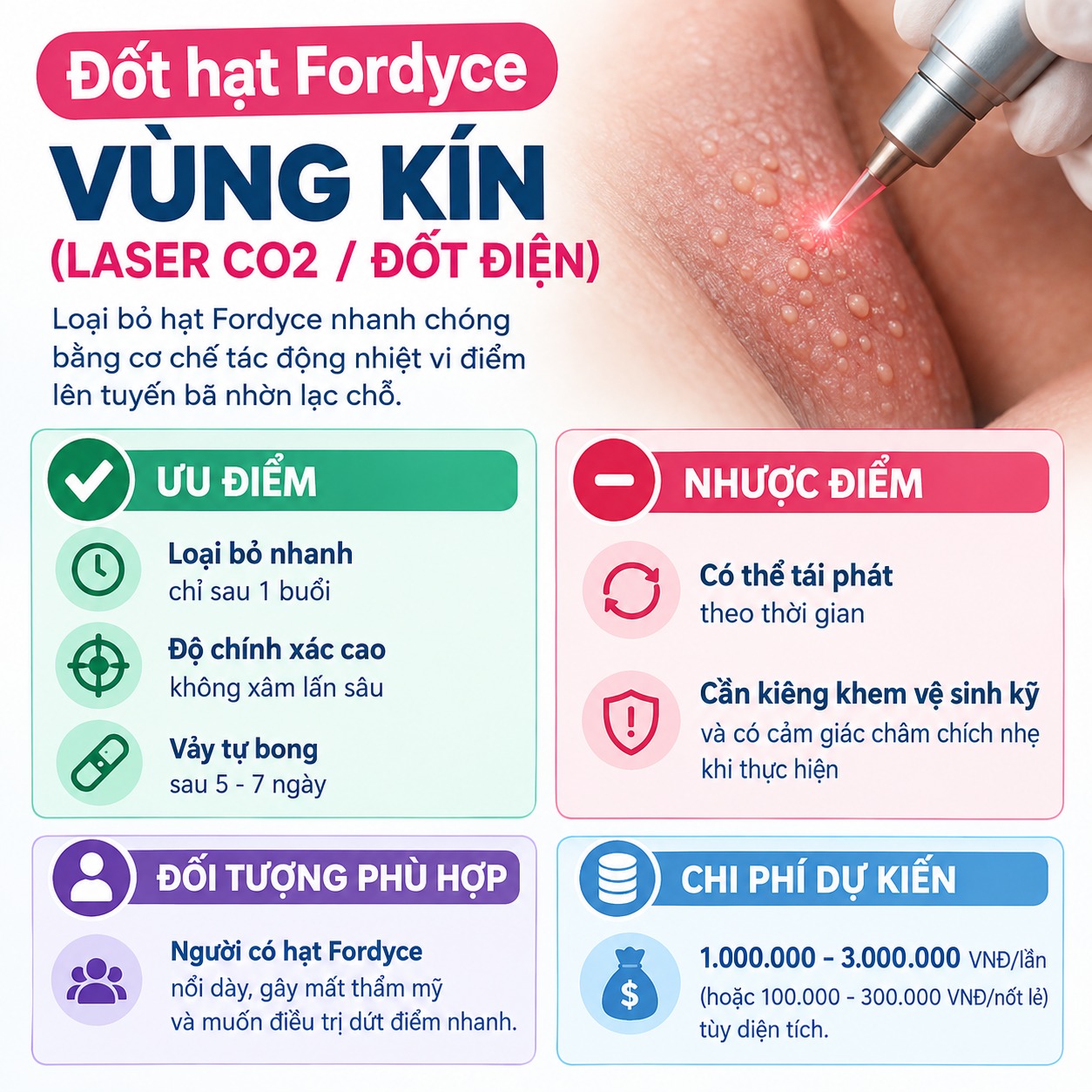 Fordyce granules in the female genital area Đốt hạt fordyce vùng kín (Laser CO2/Đốt điện)