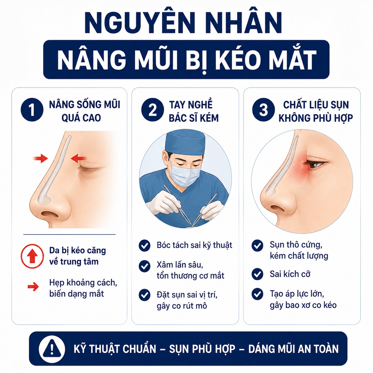 Nâng mũi có bị kéo mắt không? Góc mắt bị hẹp lại sau nâng mũi phải làm sao? Nguyên nhân dẫn đến tình trạng nâng mũi bị kéo mắt