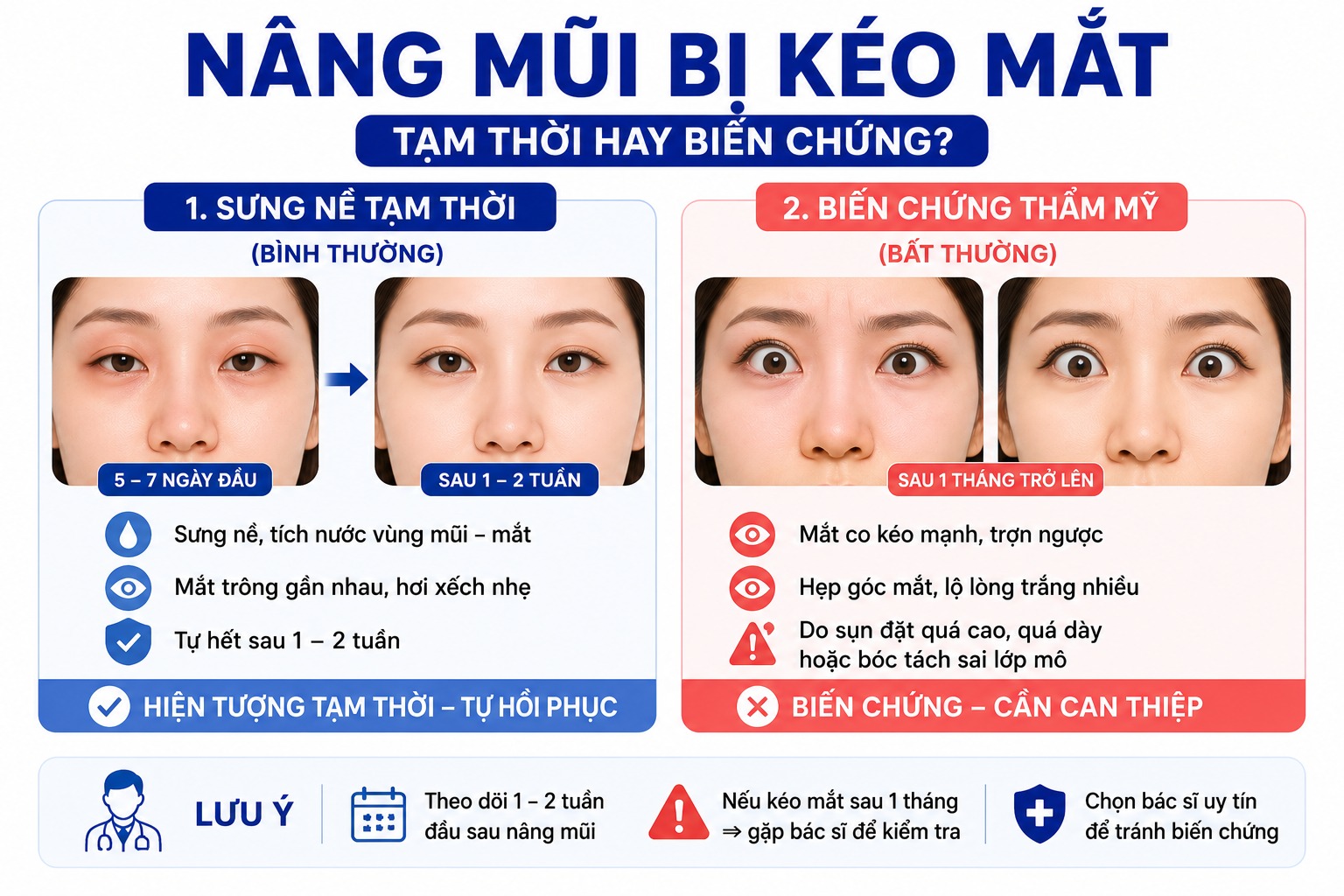 Nâng mũi có bị kéo mắt không? Góc mắt bị hẹp lại sau nâng mũi phải làm sao? Nâng mũi bị kéo mắt là hiện tượng tạm thời hay biến chứng?