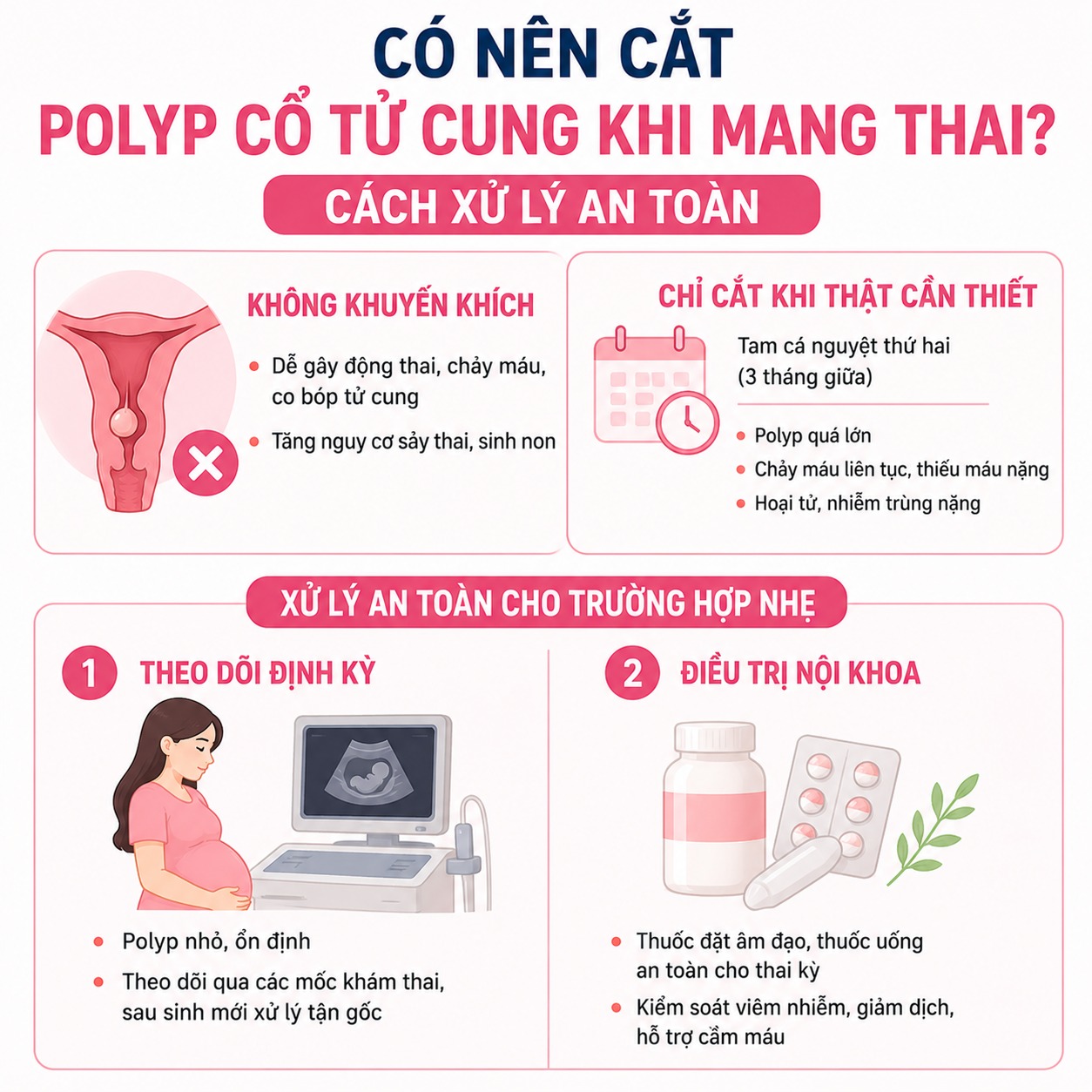 Bị polyp cổ tử cung khi mang thai có nguy hiểm không? Mẹ bầu cần lưu ý gì? Có nên cắt polyp cổ tử cung khi mang thai không?