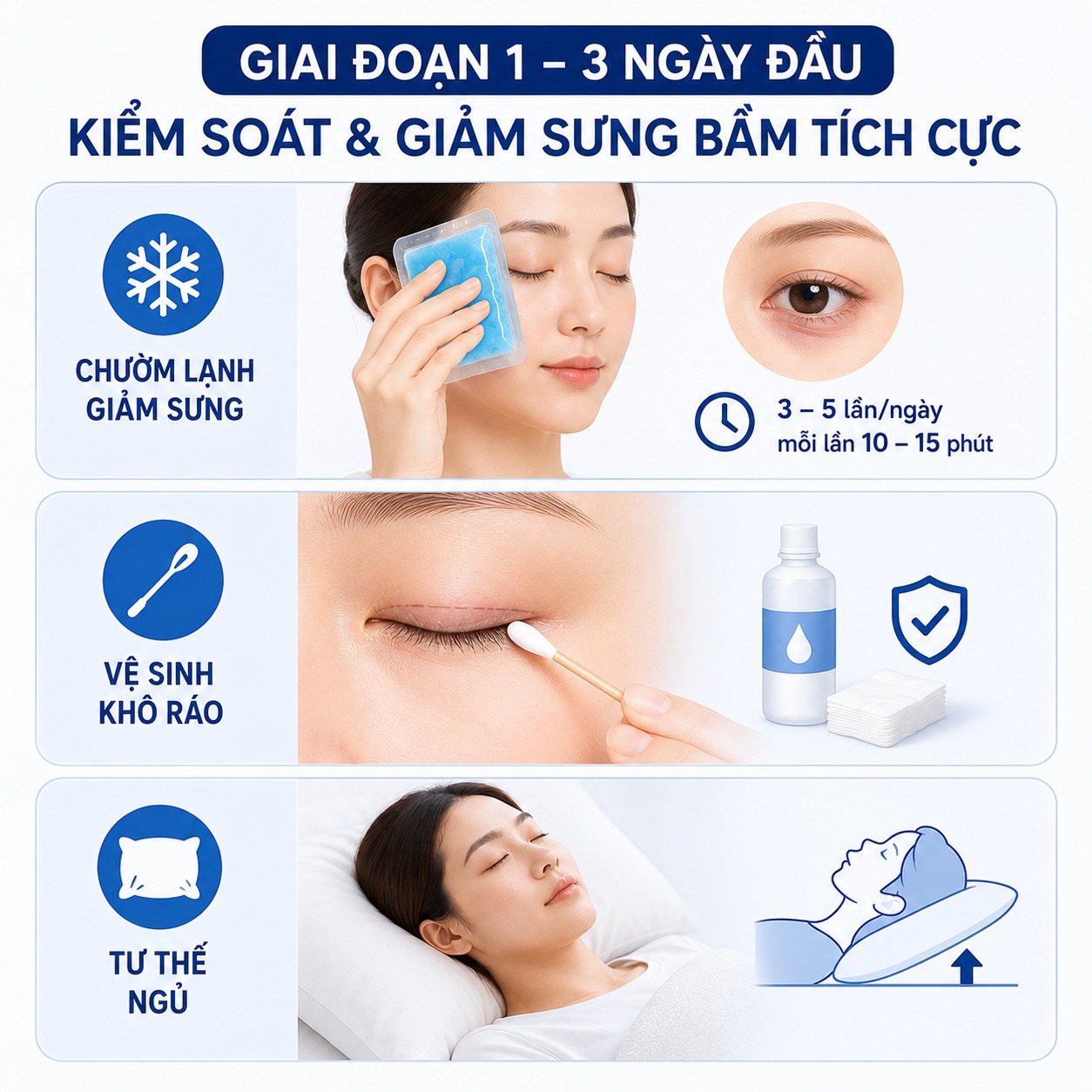Hướng dẫn cách chăm sóc sau khi lấy mỡ bọng mắt giúp mắt nhanh lành, không sẹo Giai đoạn 1 - 3 ngày đầu