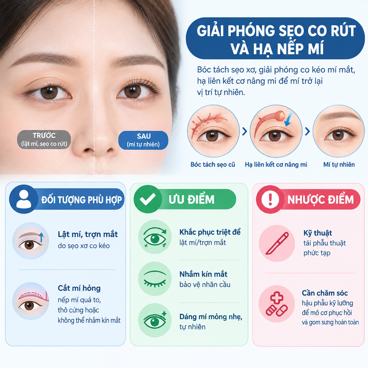 Cắt mắt bị lật mí trên do đâu? Có khắc phục được không? Giải phóng sẹo co rút và hạ nếp mí