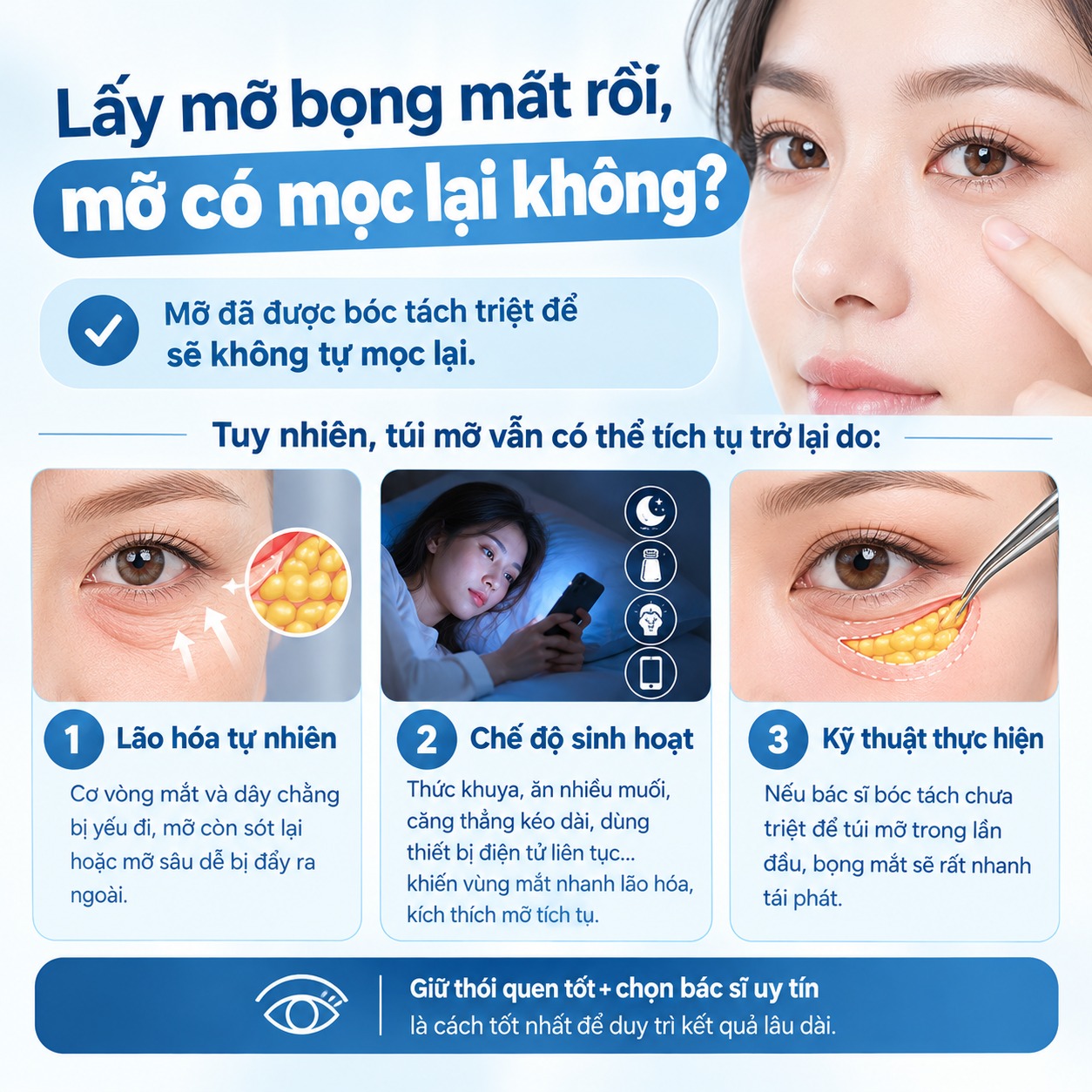 Lấy mỡ bọng mắt có bị lại không? Giải đáp từ chuyên gia Lấy mỡ bọng mắt rồi, mỡ có mọc lại không?