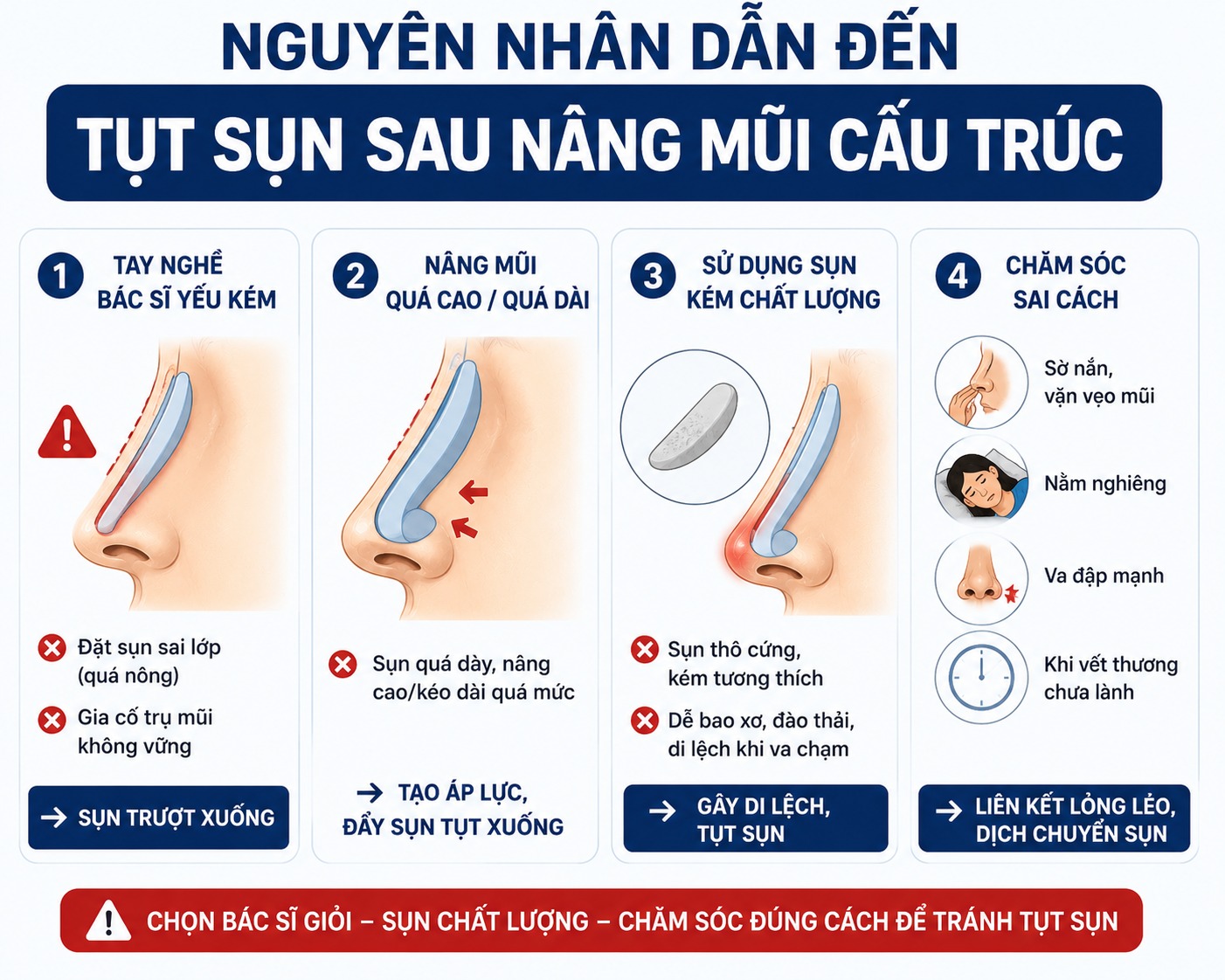Nâng mũi cấu trúc có bị tụt sụn không? Nguyên nhân và cách phòng ngừa Nguyên nhân dẫn đến hiện tượng tụt sụn sau khi nâng mũi cấu trúc