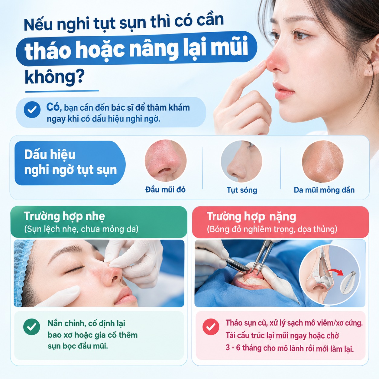 Nâng mũi cấu trúc có bị tụt sụn không? Nguyên nhân và cách phòng ngừa Nếu nghi tụt sụn thì có cần tháo hoặc nâng lại mũi không?